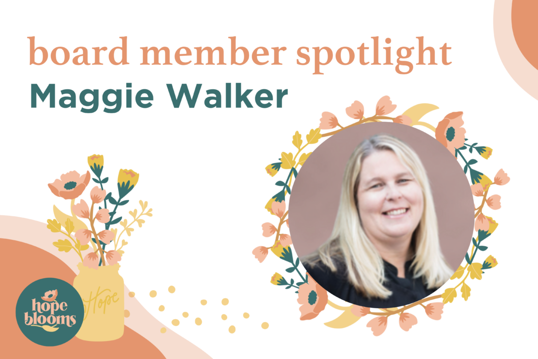 woman inside of floral graphic wreath with text reading "board member spotlight Maggie Walker"
