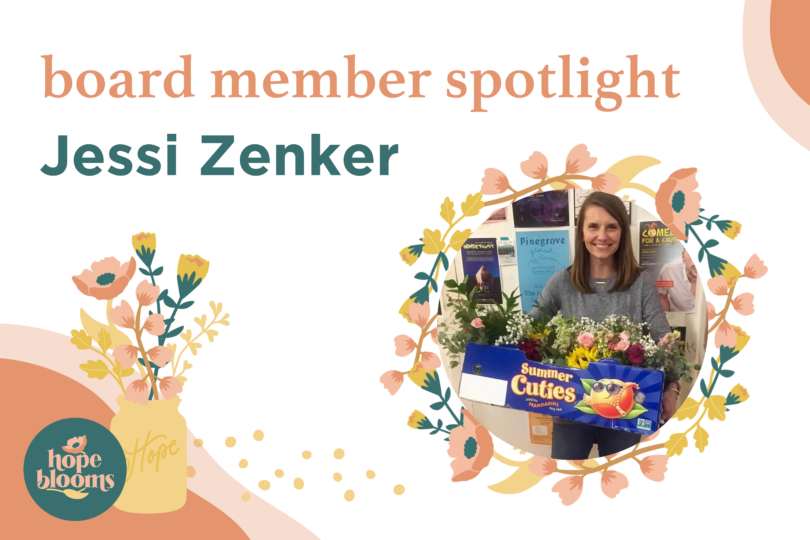 woman holding a pallet of flowers surrounded by floral graphics- text in image reads "board member spotlight Jessi Zenker"